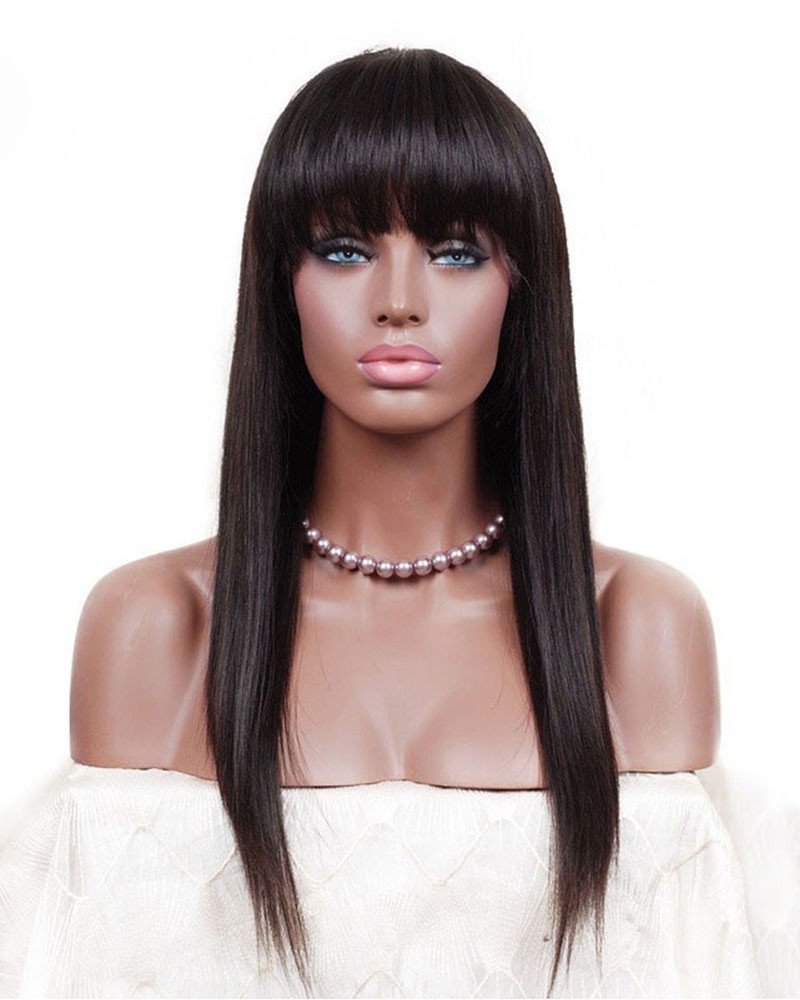 Silky Straight Synthetic Hair Glueless Lace Front Wigs With Bangs Fringe  Natural Black 20-30inch For Women