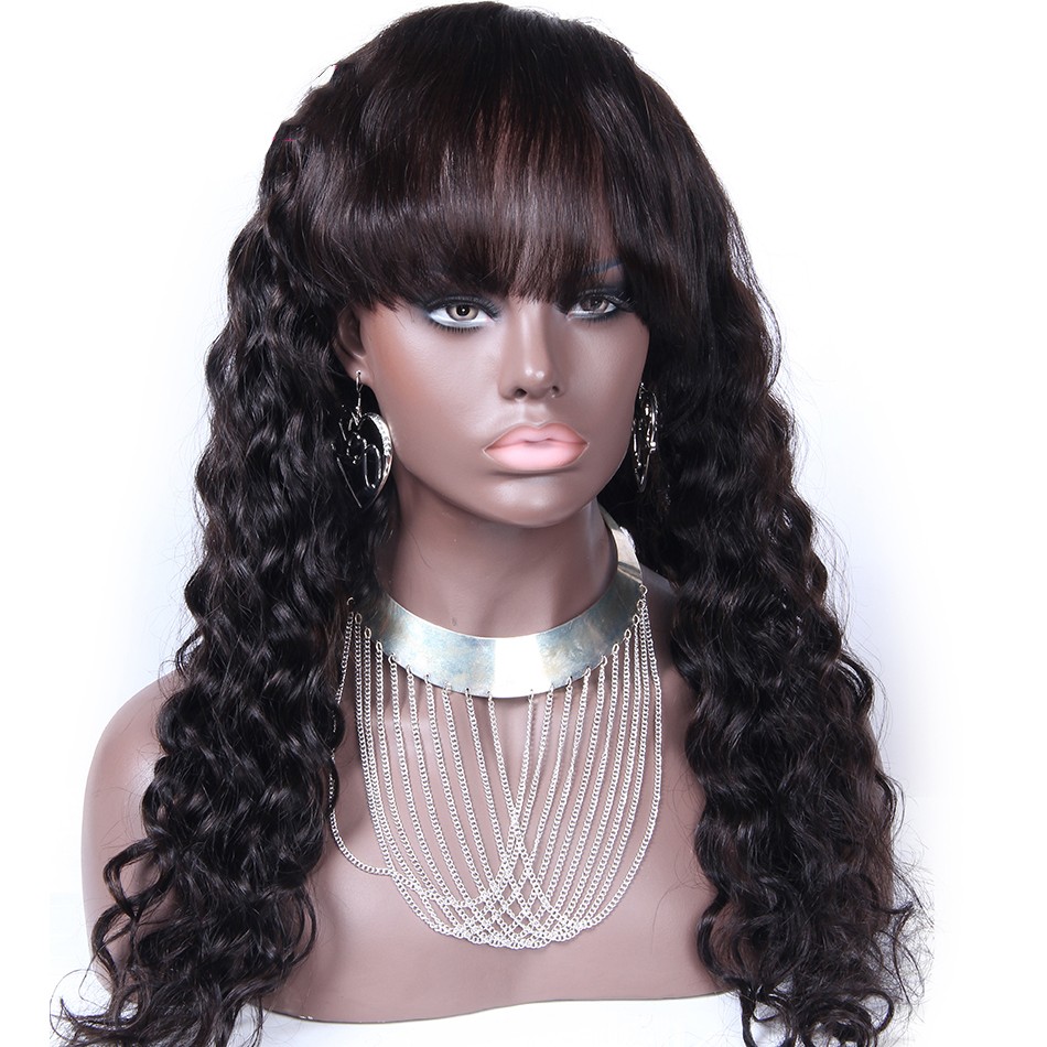 Remy Human Hair Lace Wig Loose Deep Wave With Full Bangs