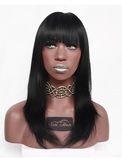 22" Female Long Straight Synthetic Wig With Bangs African American Heat Resistant Black/Brown Wigs For Black Women