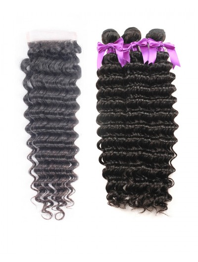 7A 3 Bundles with Closure Deal Indian Hair Curly