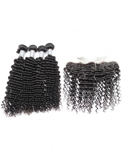 8A Premium 3 Bundles with Frontal Deal Indian Hair Deep Wave