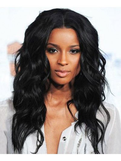 Lace Front Long Synthetic Hair Wavy Black Wig Without Bangs