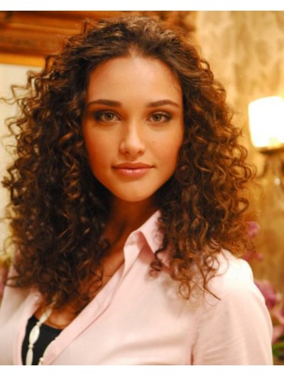 Full Lace Long Synthetic Hair Curly Brown Wig Without Bangs