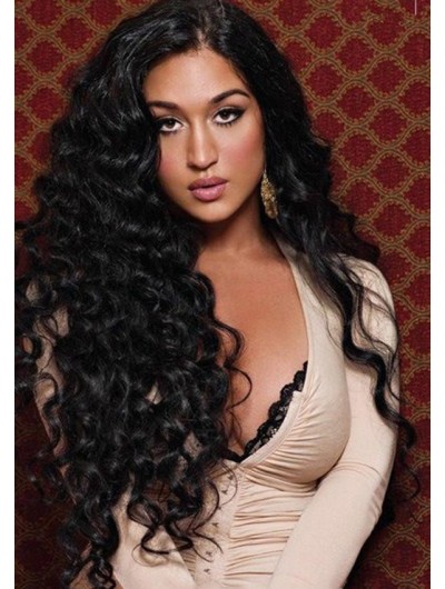 Lace Front Long Synthetic Hair Curly Black Wig Without Bangs