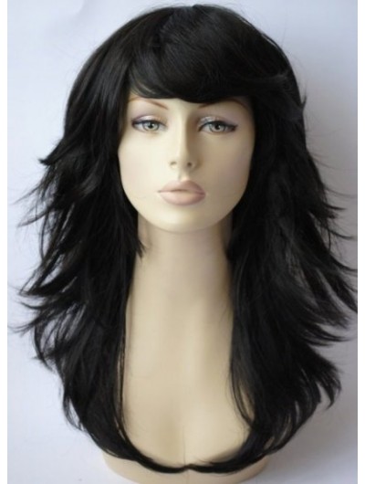 Lace Front Long Remy Human Hair Straight Black Layered Wig