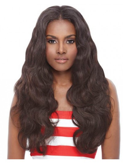 Lace Front Long Remy Human Hair Wavy Brown Wig Without Bangs