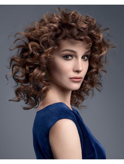 Capless Medium Synthetic Hair Curly Brown Wig With Bangs
