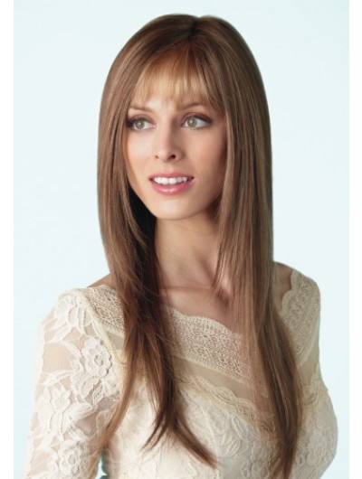 Capless Long Remy Human Hair Straight Brown Wig With Bangs