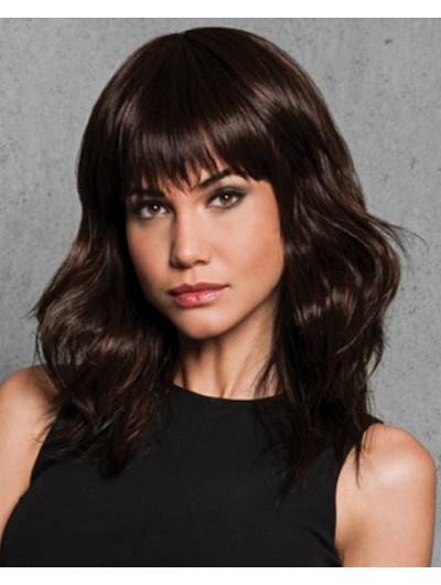 Capless Long Synthetic Hair Wavy Auburn Wig With Bangs