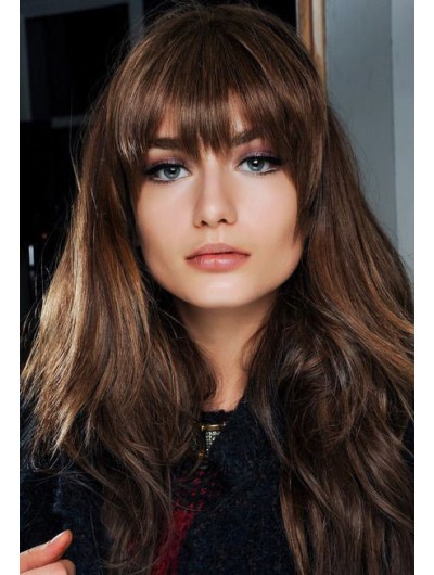Capless Long Synthetic Hair Wavy Brown Wig With Bangs
