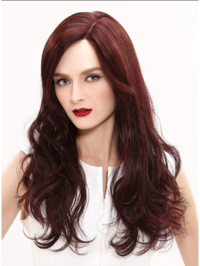 Lace Front Long Synthetic Hair Wavy Auburn Wig Without Bangs