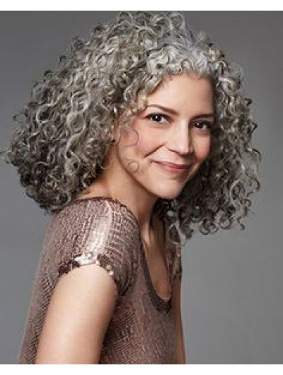 Synthetic Hair Curly Wig With Bangs For Older Women