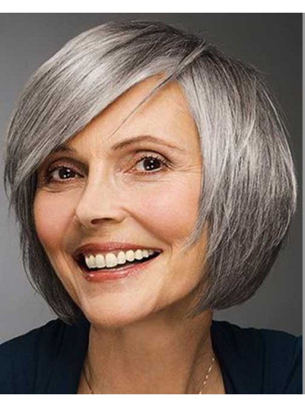 Capless Short Synthetic Hair Bobs Grey Wig, Wigs For Older Women